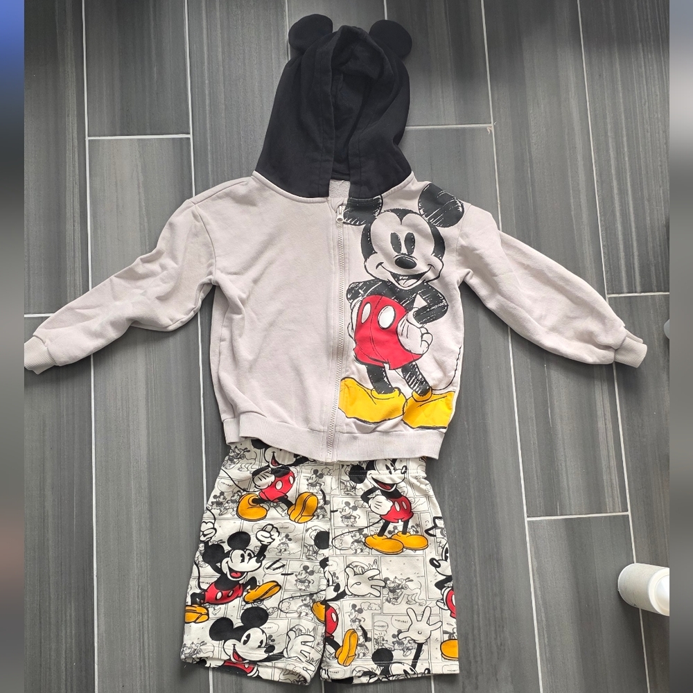 H&M Mickey Mouse Kids Hoodie and Shorts Set - Gray and Black 6Y